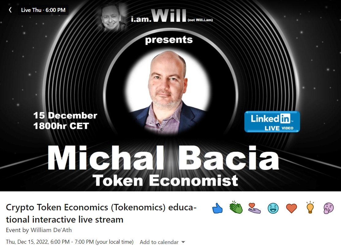 Will De Ath - Hedera - The Hashgraph Association (@bdeath75) on Twitter photo What are Tokens for? I mean it, do you really know? Find out this Thursday, 15th December at 1800 CET with <a href="/realMichalBacia/">Michal Bacia</a> from @BonqDAO and <a href="/energywebx/">Energy Web</a>
Come and ask questions at a LIVE VIDEO EVENT: linkedin.com/events/7006585…
#blockchain #Crypto #Web3 #cryptocurrencies #DEFI What are Tokens for? I mean it, do you really know? Find out this Thursday, 15th December at 1800 CET with <a href="/realMichalBacia/">Michal Bacia</a> from @BonqDAO and <a href="/energywebx/">Energy Web</a>
Come and ask questions at a LIVE VIDEO EVENT: linkedin.com/events/7006585…
#blockchain #Crypto #Web3 #cryptocurrencies #DEFI
