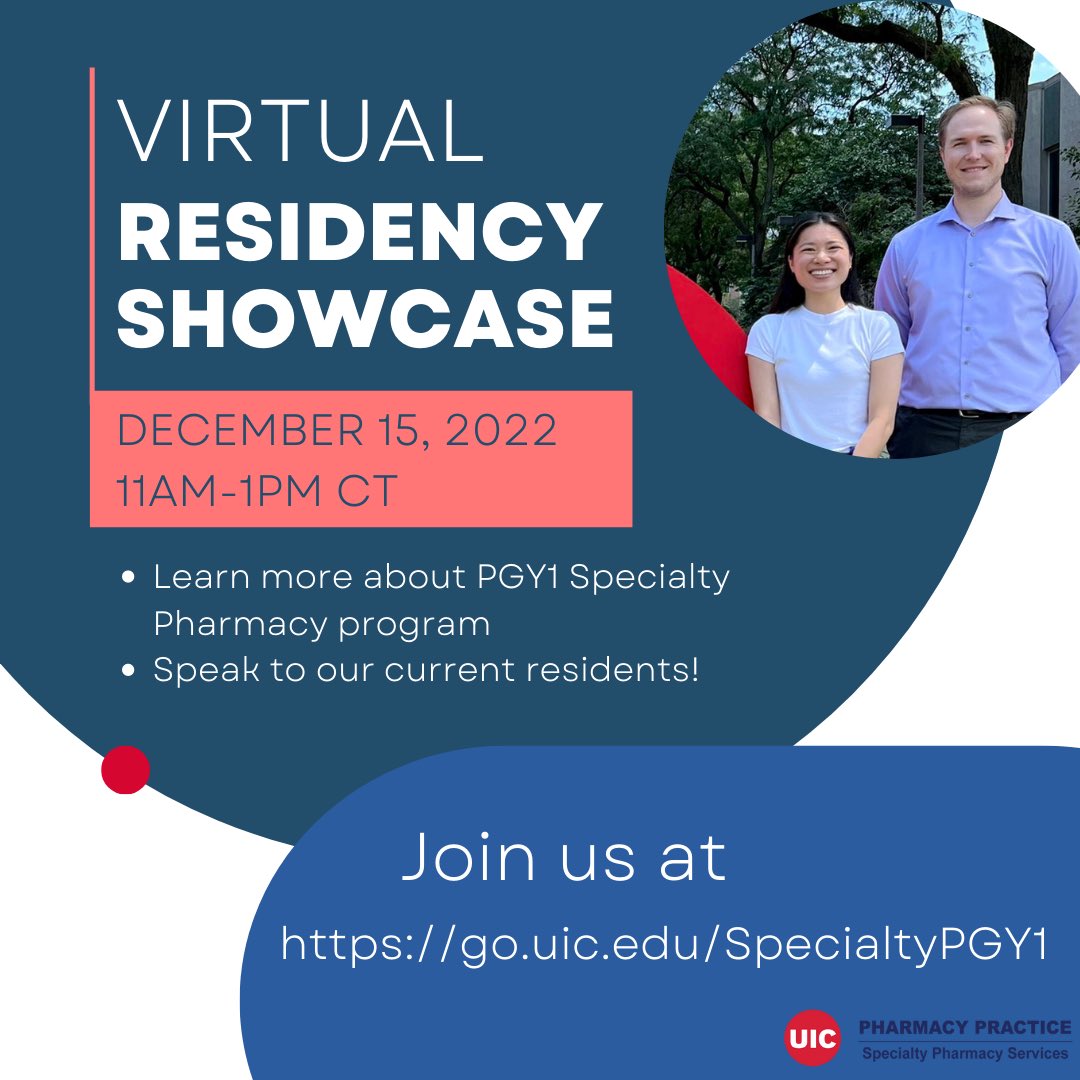 Learn more about our PGY1 Specialty Pharmacy program! On December 15th, we’ll be hosting a virtual residency showcase – join us at go.uic.edu/SpecialtyPGY1. See you there!