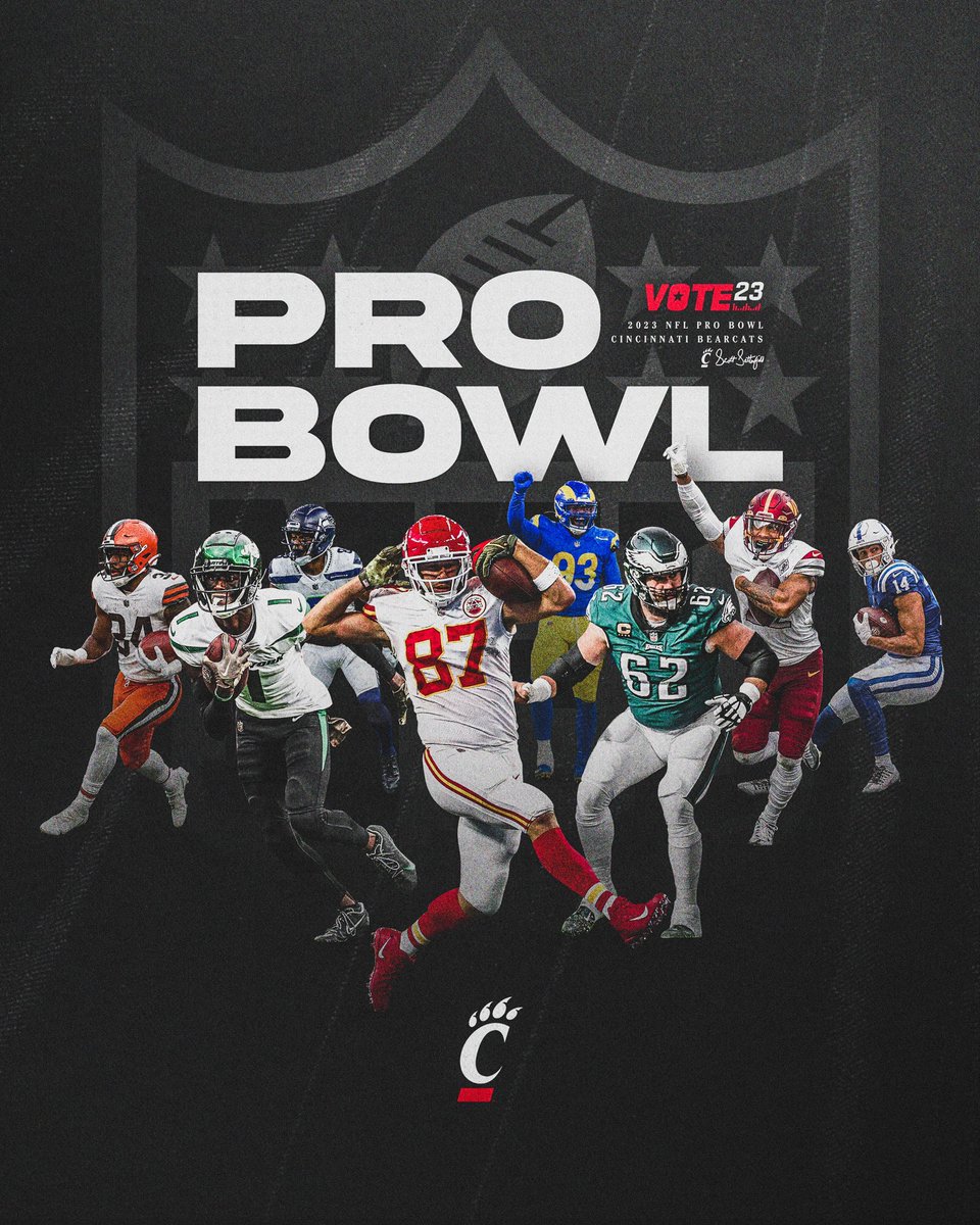 Get our #Bearcats to the Pro Bowl‼️

𝟭 𝗥𝗘𝗧𝗪𝗘𝗘𝗧 = 𝟭 𝗩𝗢𝗧𝗘

#ProBowlVote <a href="/tkelce/">Travis Kelce</a> 
#ProBowlVote <a href="/iamSauceGardner/">SAUCE GARDNER</a> 
#ProBowlVote <a href="/JasonKelce_/">Jason Kelce</a>
#ProBowlVote <a href="/JeromeFord/">Rome813</a> 
#ProBowlVote @CobyBryant8_ 
#ProBowlVote <a href="/Marquisecope_44/">Marquise Copeland</a> 
#ProBowlVote <a href="/_Dfoe5/">Darrick Forrest Jr. 🕴🏽</a> 
#ProBowlVote <a href="/alecpierce/">Alec Pierce</a>