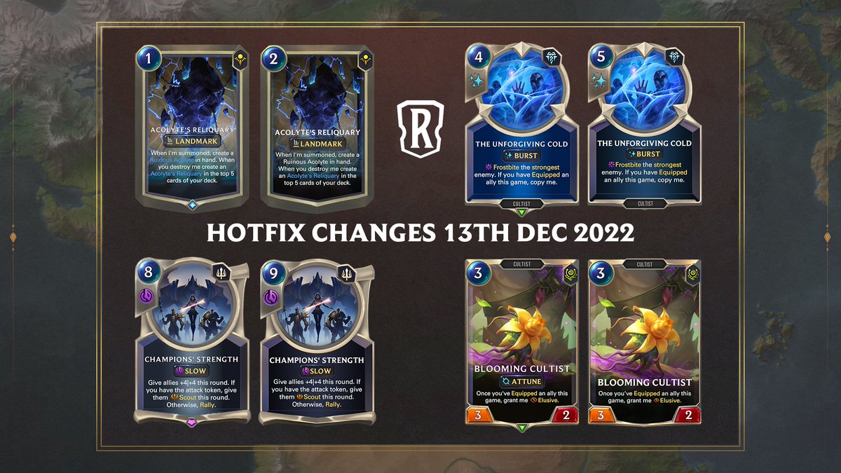 A hotfix change has just been pushed to the Legends of Runeterra live client. These were pushed to address some cards which may become an issue during the Christmas break.