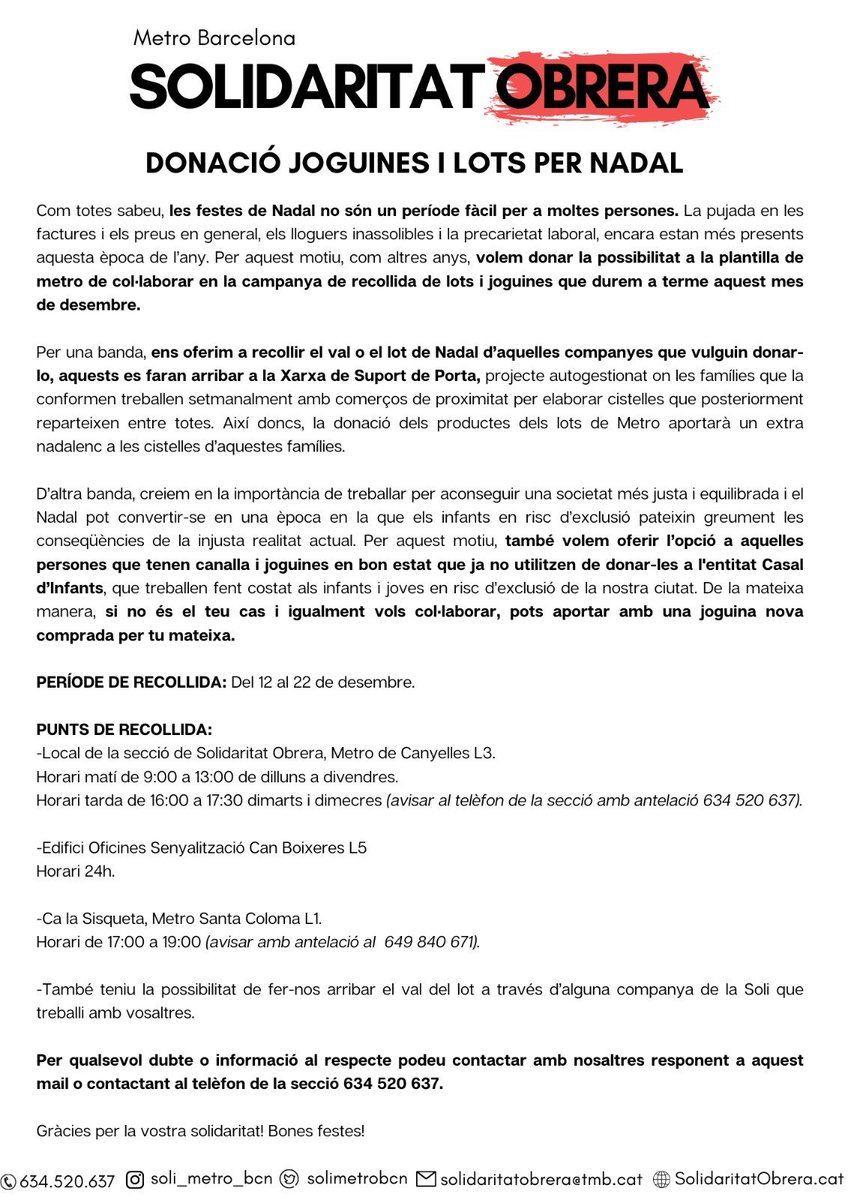 Fins el 22 de desembre farem la campanya de recollida de lots de Nadal i joguines.
Gràcies per la vostra solidaritat!!!
#SomLaSoli