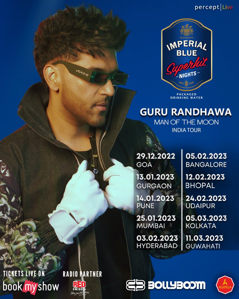 Man Of The Moon India Tour presented by Imperial Blue Superhit Nights and curated by <a href="/BollyboomIndia/">Bollyboom</a>. Early bird tickets are out now on @BookMyShowin

@percept_emc @becausemenwillbemen 
<a href="/GuruOfficial/">Guru Randhawa</a>