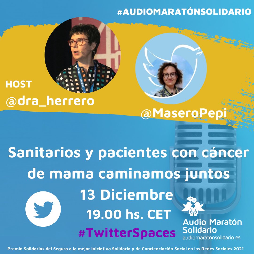 UsuarioArraez's tweet photo. La Dra. Mercedes Herrero y Pepi Masero se unen para hablarnos de cáncer de mama.

🎙️ Sanitarios y pacientes con #cáncer de mama caminamos juntos.

Conéctate ahora aquí para escucharles 👇 

https://t.co/7iYKL4omlD

#AudioMaratónSolidario https://t.co/VC0QuCVfag