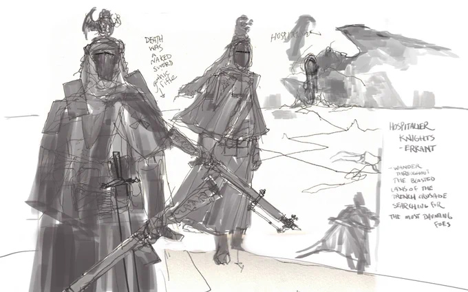 Hospitaller Knight Errant sketch.  Wander the wastes hunting terrible foes. 