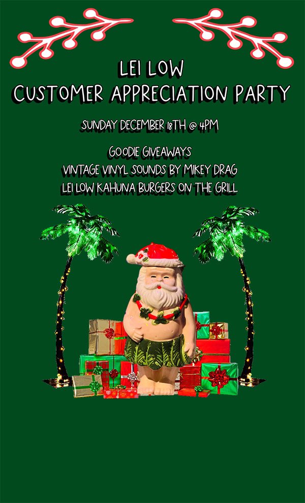 This Sunday December 18th we give the gift of giving! Come by for our Customer Appreciation Party. 
Get your chance to win some Rum swag. We have the Lei Low culinary department behind the grill smashing up some Kahuna burgers. @boogiesoulhtx will be providing the vintage sounds