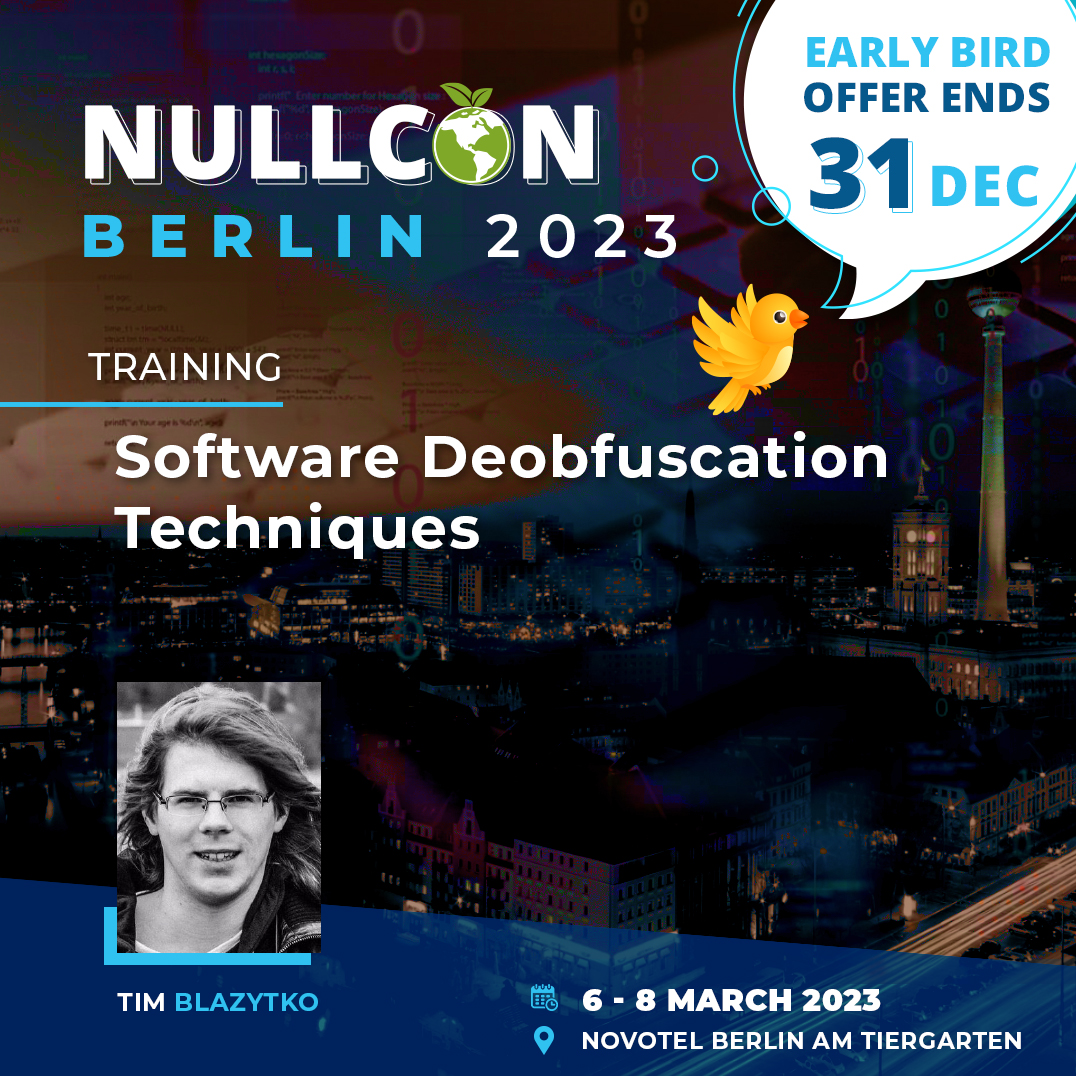 nullcon's tweet image. 🔓Learn about👨‍💻#codeobfuscation &amp;amp; deobfuscation techniques to find out how it complicates RE

💡Apply all techniques to break obfuscation schemes from this training by @mr_phrazer 

⚠️Grab early bird offer before New Year&apos;s eve👉bit.ly/3WsTmno

#NullconDE2023 #infosec