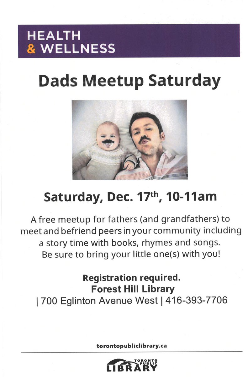 This is to all fathers, grand-fathers, uncles, grand-uncles, and all other male care-givers: 

This Saturday, December 17th from 10:00 am to 11:00 am, come to our "Dads Meetup" program for songs, stories and rhymes! 

Registration is required.  Do so in-person or over the phone.