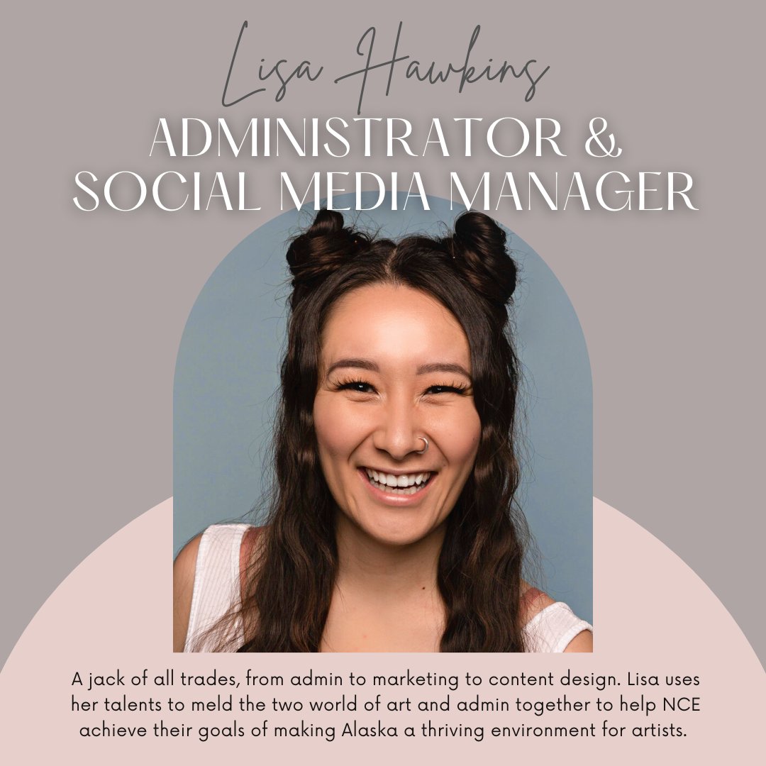 Meet our Team: Lisa 
Lisa joined NCE in April 2022 and has worked within various programs such as @SpenardJazzFest & Amplify Alaska. When she is not using her administrative & design skills at NCE, Lisa is performing & touring with her a cappella trio @PipelineVoxProj worldwide.