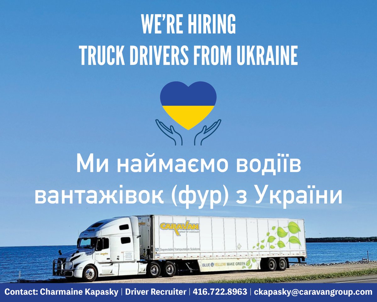 CaravanGroup's tweet photo. We are hiring drivers from Ukraine. 
Apply now on our website under Careers! https://t.co/hARGy0eQL4 
Or text our driver recruiter Charmaine! 416-722-8963.

#wearehiring #drivers #owneroperators #companydrivers #applynow #applytoday #ukraine #truckdriver #westandwithukraine https://t.co/9ilvJaQwnG