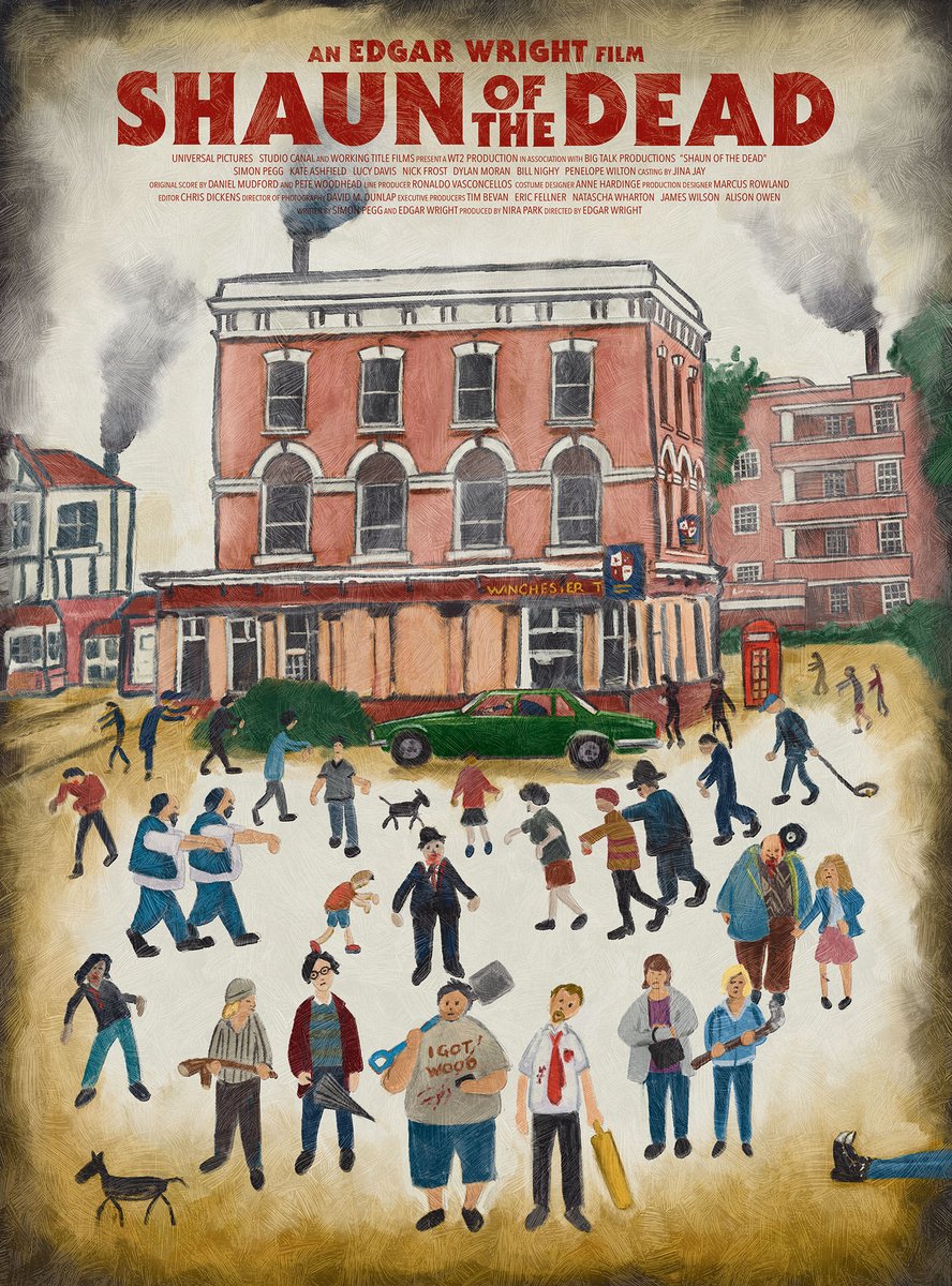 MarkLevyArt's tweet photo. I’m very excited to be able to reveal by piece for @DropMagOfficial ‘Film on Canvas - If Fine Artists made Movie Posters’. I created a poster for Edgar Wright’s classic Shaun of the Dead, if painted by L.S. Lowry. https://t.co/QgjYw1sLoN
