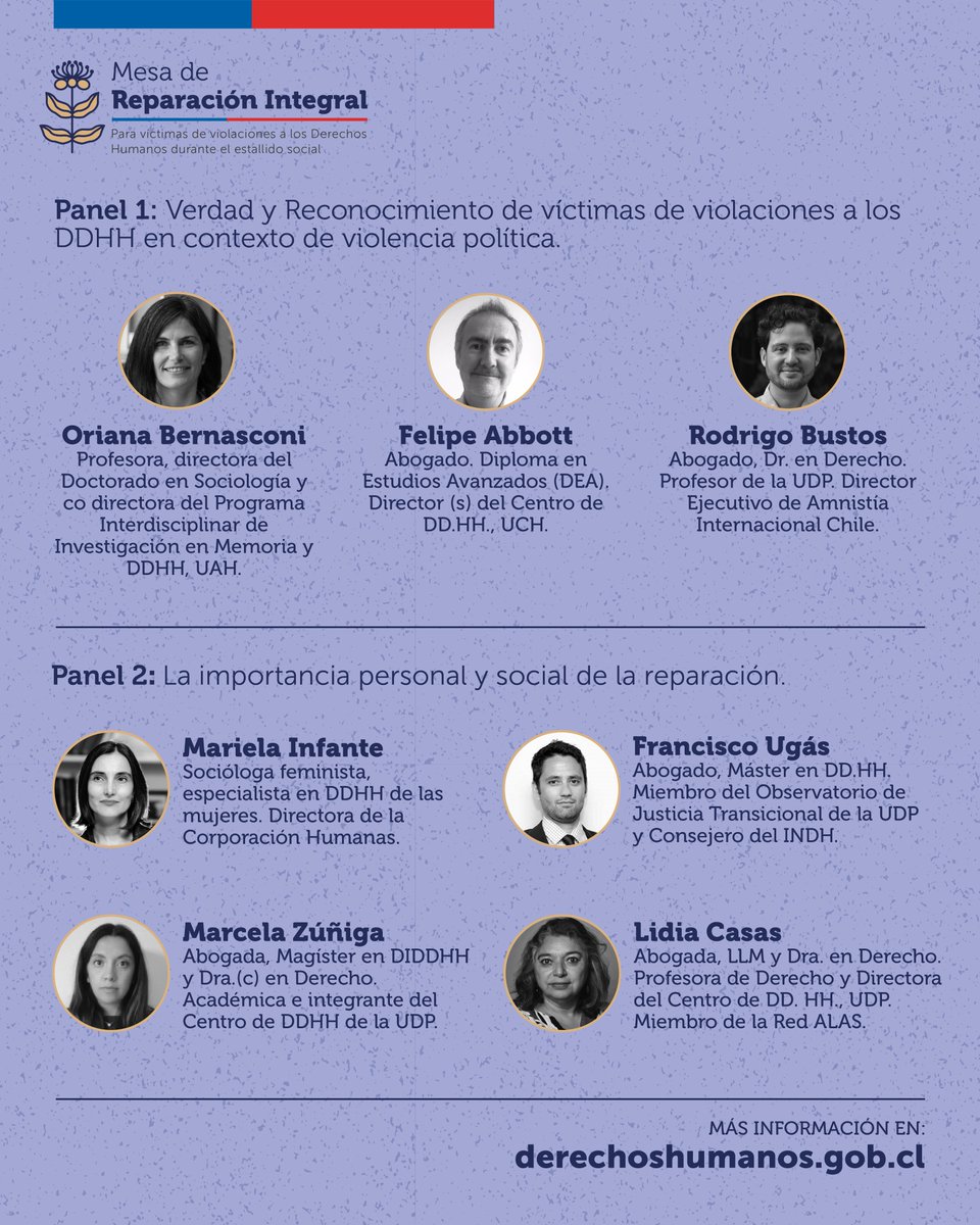 corphumanas's tweet photo. 📌 Este miércoles @Marie_Infante_E , directora de @corphumanas participa en el Seminario Ecos del Estallido: desafíos de la verdad y el reconocimiento frente al estallido social
🗓️ 14 de diciembre
⏰ 09:00 a 13:30 horas
📍 Instituto de Estudios Judiciales
#MesDeLosDDHH https://t.co/GeCGziiCcQ