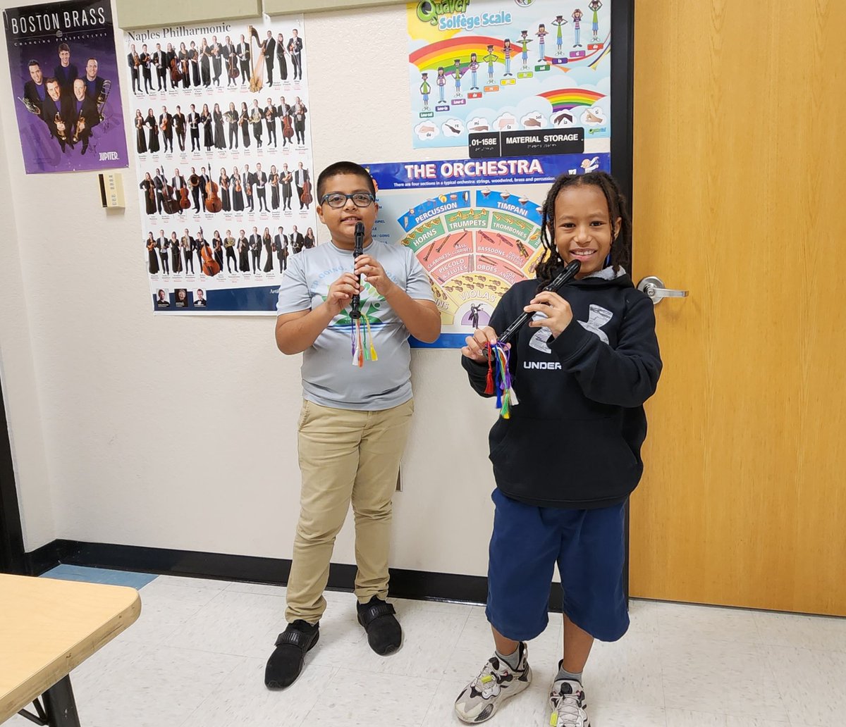 MrSeguraj's tweet photo. These young @EPEBobcats musicians are leading by example. They're on track to be the first 2 students to master all their Recorder Karate songs, way to go!!! @CollierFineArts #Recorder #Karate #belts https://t.co/VmOdxXAlrC