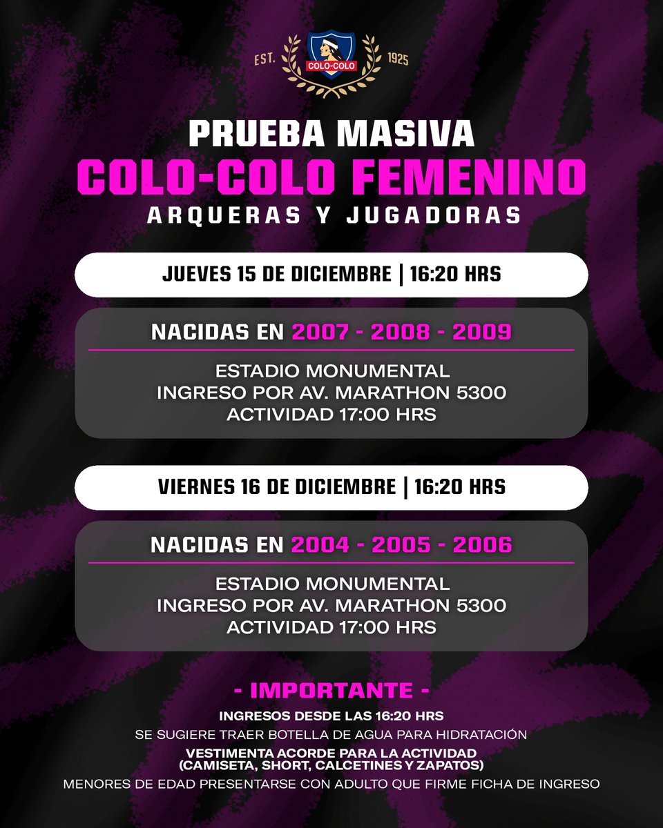 𝐆𝐑𝐀𝐍 𝐏𝐑𝐔𝐄𝐁𝐀 𝐌𝐀𝐒𝐈𝐕𝐀 🚨 En la gráfica encontrarán toda la información necesaria para presentarse el jueves y viernes (según corresponda) en el Estadio Monumental. 

🤟🏼🏁 ¡Sé parte de las Albas! 
🔁 Comparte la información!