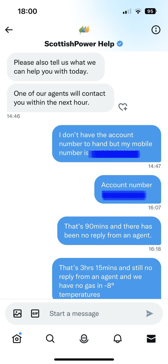 Good old <a href="/ScottishPower/">ScottishPower</a> <a href="/SP_EnergyPeople/">ScottishPower Help</a>. That’s three hours I’ve waited on a reply and now have a property with no gas in -8° temperatures. Thanks again! Absolutely useless!