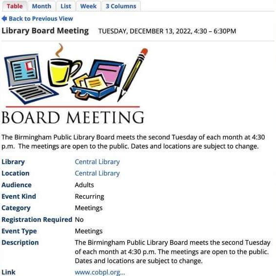rob4bhm's tweet photo. Today the Birmingham Public Library Board will be hosting their December meeting. It starts at 4:30 PM at the Central Library. Meetings are open to the public.
I will be attending today as a Birmingham resident, & I hope to see other residents in attendance! #BPL #JCLC https://t.co/509jAYuDoD