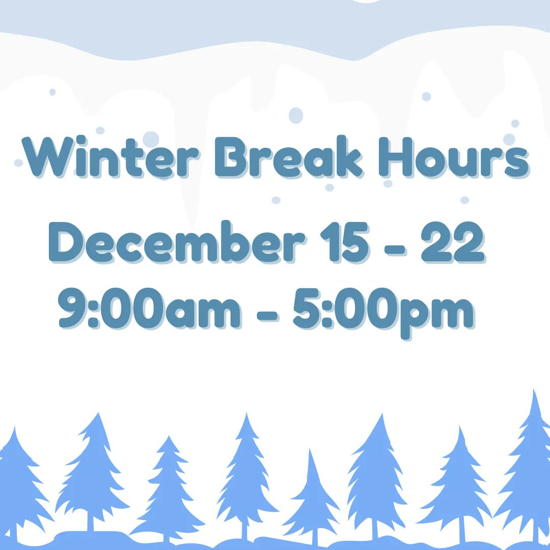 appmusiclibrary's tweet photo. December 15th through 22nd the Music Library will be open from 9:00 am to 5:00 pm. 
Happy Winter Break! https://t.co/fyqJ8QluA3