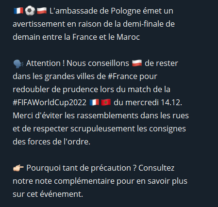 Même les chancelleries étrangères s'inquiètent pour leurs citoyens qui seraient en France au moment du match de ½ finale de coupe du monde de foot, à l'image de celle de Pologne qui a émis une alerte à ses ressortissants

Ce n'est pas la confiance en <a href="/GDarmanin/">Gérald DARMANIN</a> qui domine ⚡️