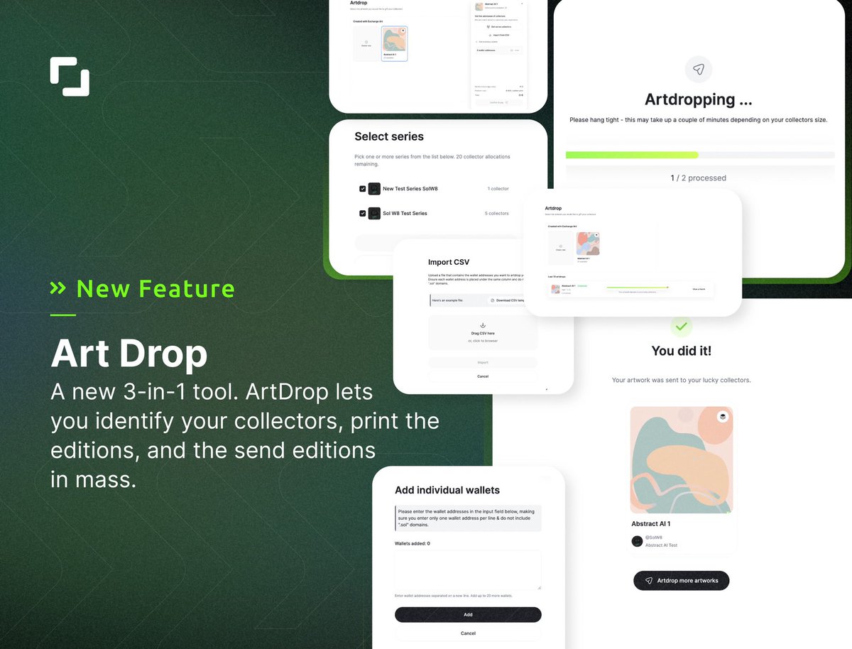 It’s a bird… it’s a plane… 

Nope, it is one of our most anticipated tools to date-

The ArtDrop Tool!

Creators can now utilize our 3-in-1 airdrop tool that allows you to identify collectors, pre mint editions, and then send the editions out. 

Explore more below ⬇️