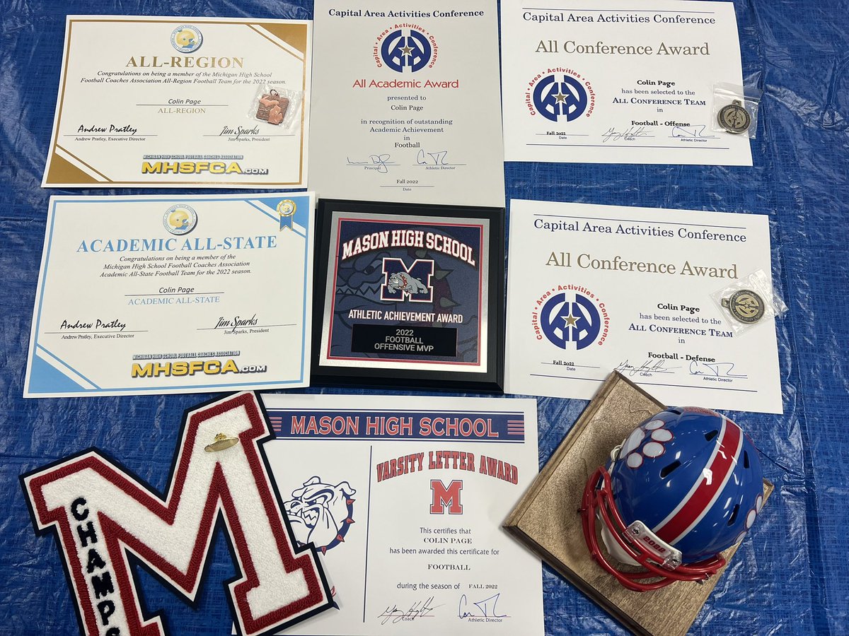 Great night at my senior football banquet:
1st Team All-Conference Offense
1st Team All-Conference Defense
All Conference Academic
Academic All-State
All-Region
Detroit News All-State Honorable Mention
Team Offensive MVP