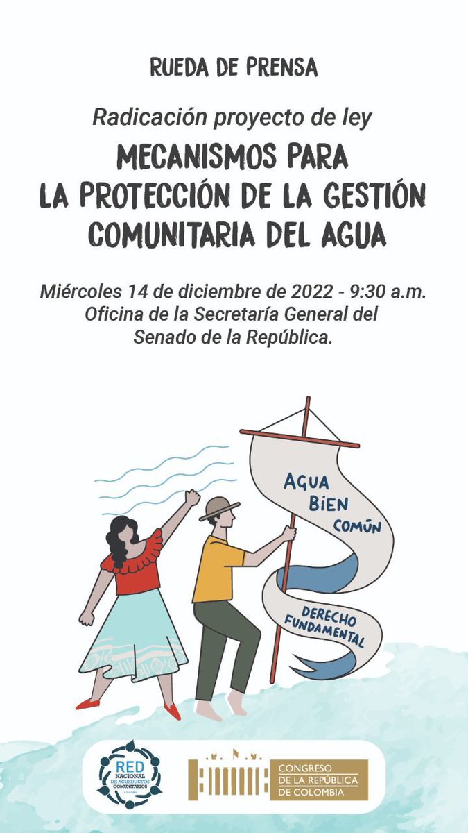 En Colombia existen más de 30 mil organizaciones comunitarias cuidadoras del agua que garantizan su acceso y suministro.

Mañana la <a href="/RedNACC/">redacueductoscomunit</a> presentará un Proyecto de Ley para proteger y fortalecer esta gestión comunitaria.

Lo respaldamos.

#AguaBienComun💦