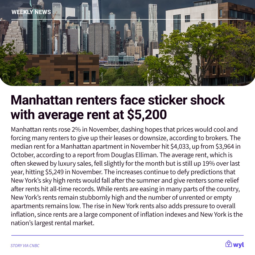 Rental news you might’ve missed this week ✨

- Philly landlord faces resident discrimination lawsuit 🏢 

- Manhattan rent reaches $5,200 average 💰 

Catch up on the latest news and subscribe to the WYL newsletter today: mailchi.mp/wyl/newsletter 

#housing #rent #renternews