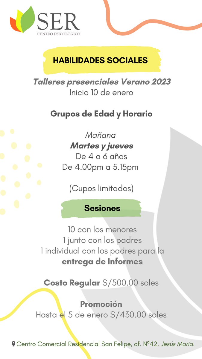 SerCentroPsico's tweet photo. #TalleresDeVerano 2023❗❗
Para niños y adolescentes.
Escríbenos por WhatsApp para más información e inscripciones.
#niños #adolescentes #padres #autoestima #habilidadessociales #educandoemociones #sercentropsicologico #Psicologia https://t.co/2D3jAdNzMi