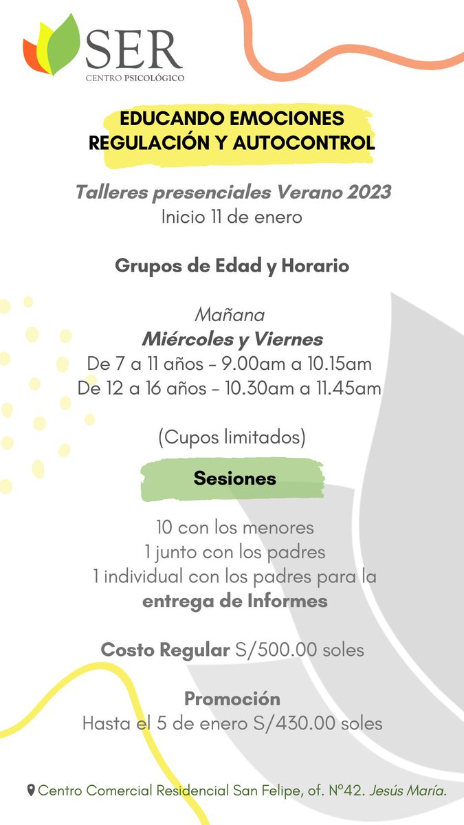 SerCentroPsico's tweet photo. #TalleresDeVerano 2023❗❗
Para niños y adolescentes.
Escríbenos por WhatsApp para más información e inscripciones.
#niños #adolescentes #padres #autoestima #habilidadessociales #educandoemociones #sercentropsicologico #Psicologia https://t.co/2D3jAdNzMi