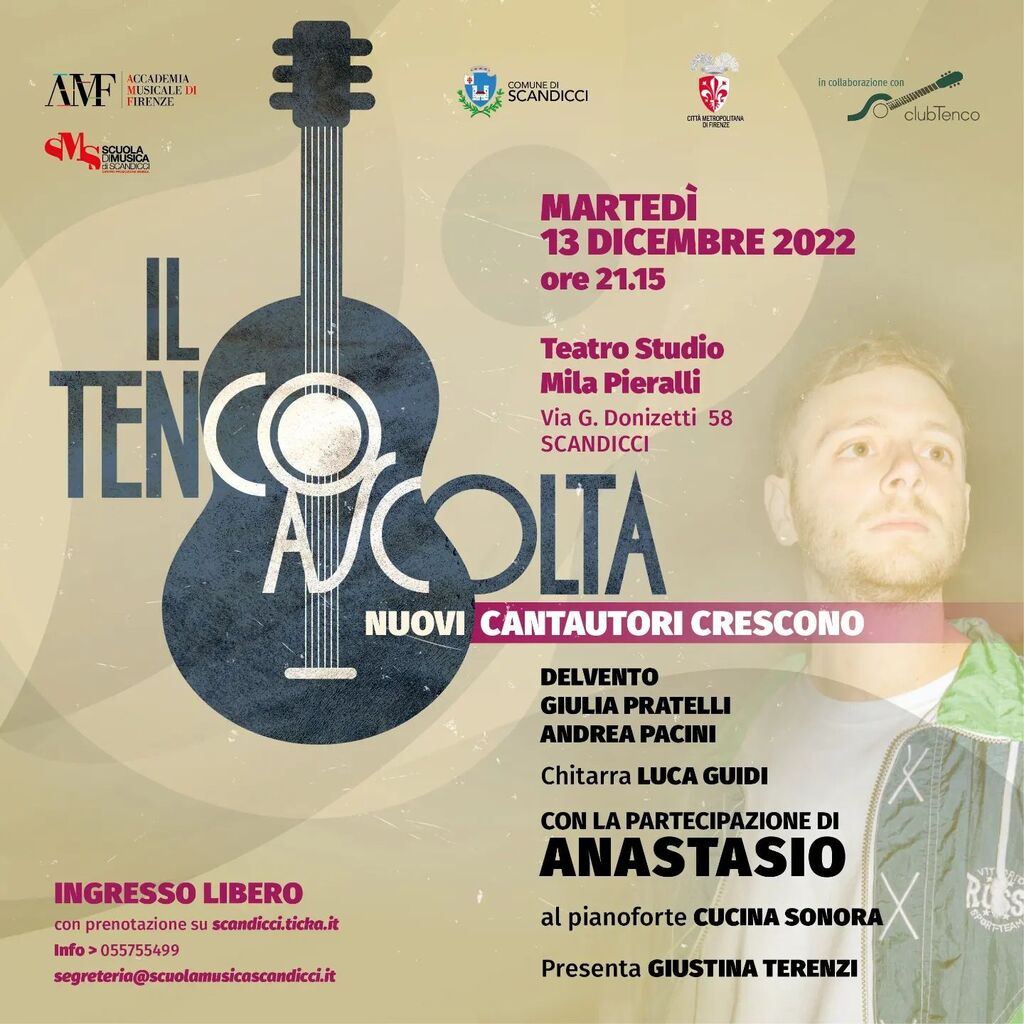 Stasera nuovo appuntamento con "Il Tenco ascolta".
Vi aspettiamo al Teatro Studio Mila Pieralli #Scandicci alle 21.15

@anastasio_quello @cucinasonora @giustinaterenzi #scuolamusicascandicci
#13dicembre #scandiccigram instagr.am/p/CmHddUuMpCe/