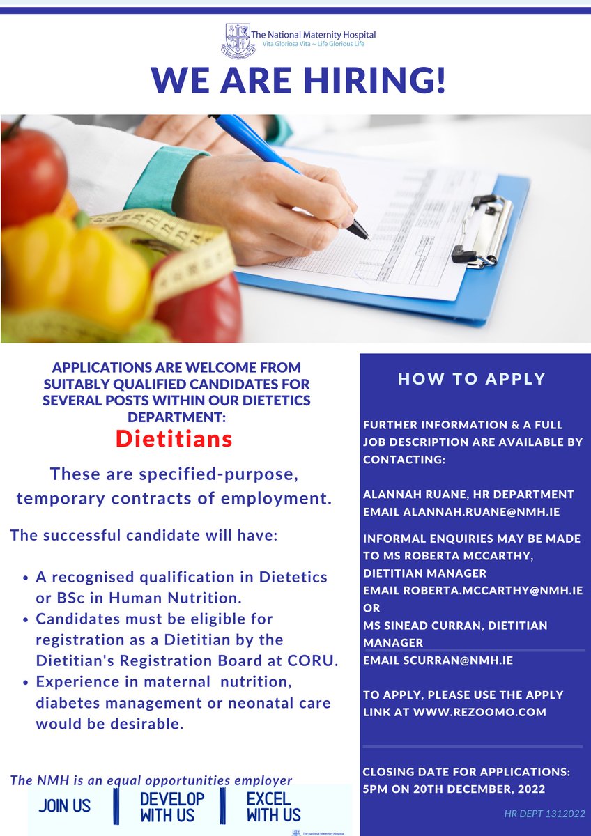 Roberta McCarthy (@bobimccarthy) on Twitter photo 📢 Dietitian vacancies
with our neonatal 👶 and maternity/woman’s health health🫃teams <a href="/_TheNMH/">The National Maternity Hospital</a> Dublin
✅ Opportunity to join a supportive team in dynamic specialist area
Informal queries welcome! Contact details in ad
Pls share/RT
#jobfairy
<a href="/trust_indi/">INDI</a> <a href="/BDA_NDiG/">BDA Neonatal Dietitians Interest Group</a> <a href="/NMH_Nutrition/">Nutrition At NMH</a> 📢 Dietitian vacancies
with our neonatal 👶 and maternity/woman’s health health🫃teams <a href="/_TheNMH/">The National Maternity Hospital</a> Dublin
✅ Opportunity to join a supportive team in dynamic specialist area
Informal queries welcome! Contact details in ad
Pls share/RT
#jobfairy
<a href="/trust_indi/">INDI</a> <a href="/BDA_NDiG/">BDA Neonatal Dietitians Interest Group</a> <a href="/NMH_Nutrition/">Nutrition At NMH</a>
