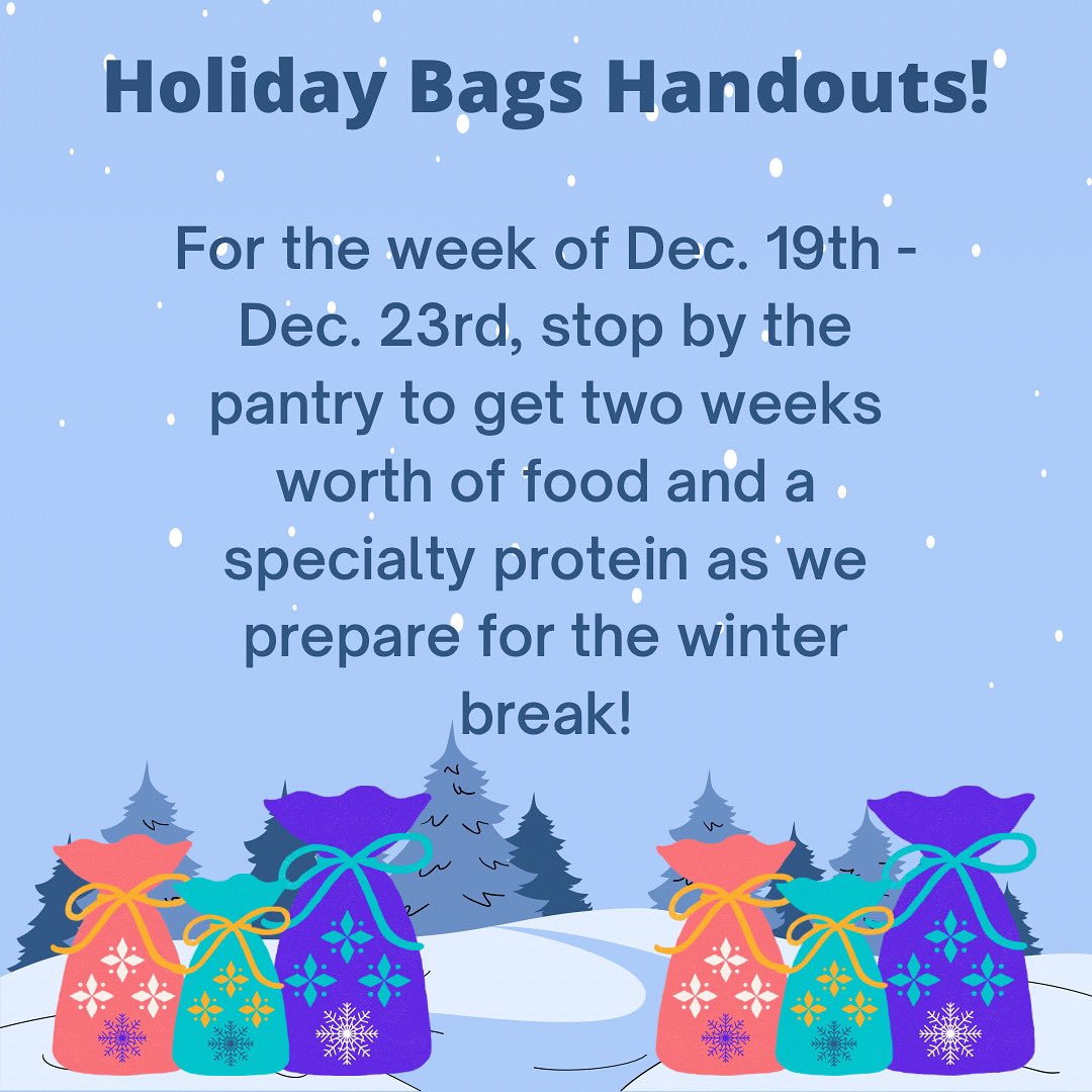 We hope your finals are going well, eagles! Since we will be closed from December 26-January 1 for the winter holiday, we are allowing students to pack extra large bags next week! We will also have speciality proteins for the holiday.