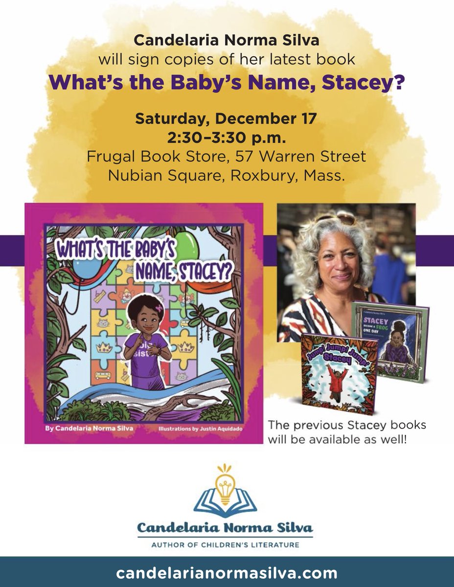 FrugalBookstore's tweet photo. Join us this Saturday for a special event with local author Candelaria Silva. Signed copies of her new book, titled “What’s the Baby’s Name Stacey?” will be available! Save the date 📚🎉 https://t.co/nsCyB4CKp1