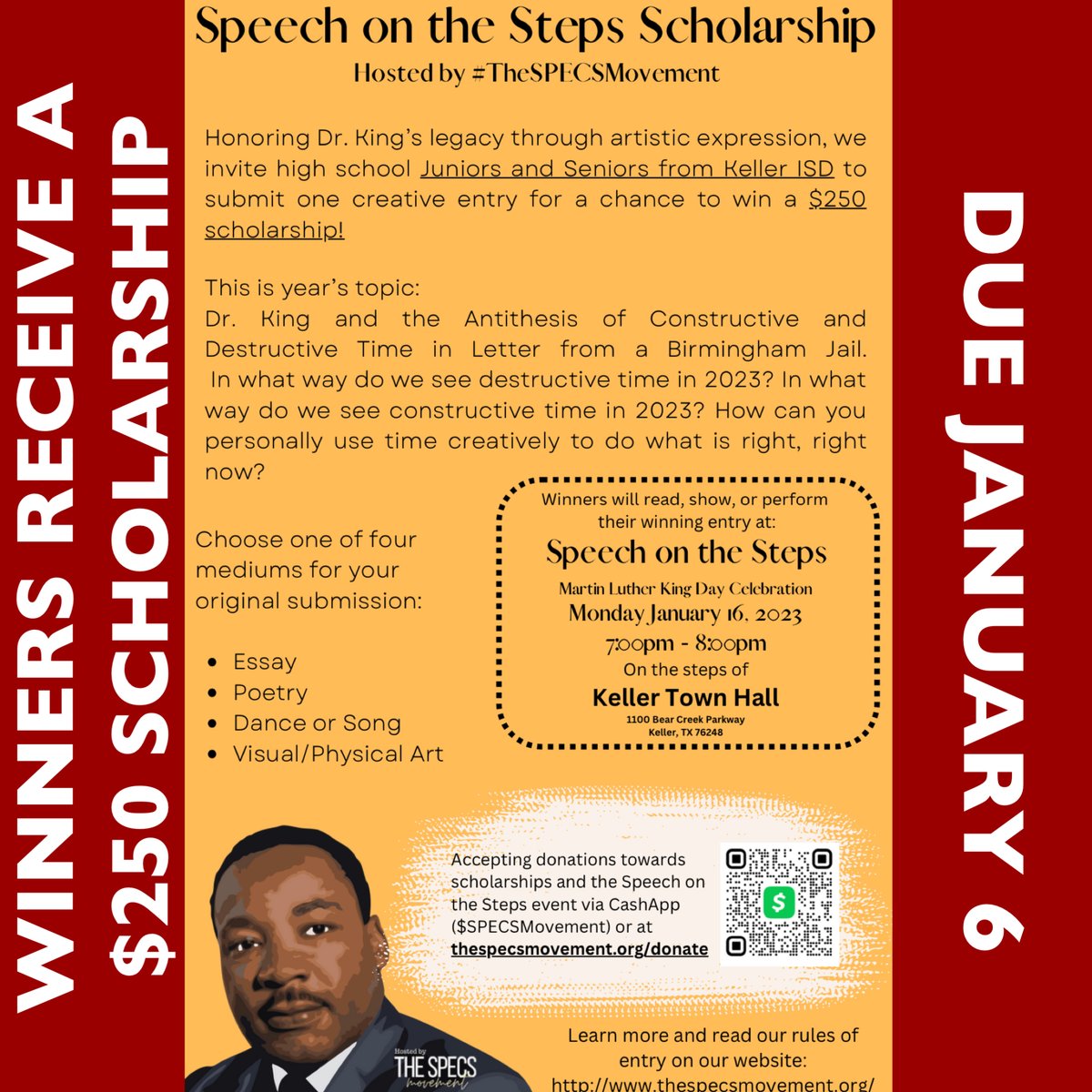 Juniors &amp; Seniors!! 
Do you have creative talents in the areas of essay-writing, poetry, dance, song, or visual/physical art? Use your talents to honor the legacy of Dr. Martin Luther King Jr.  and be considered for a $250 scholarship. More details at: thespecsmovement.org/new-page-1