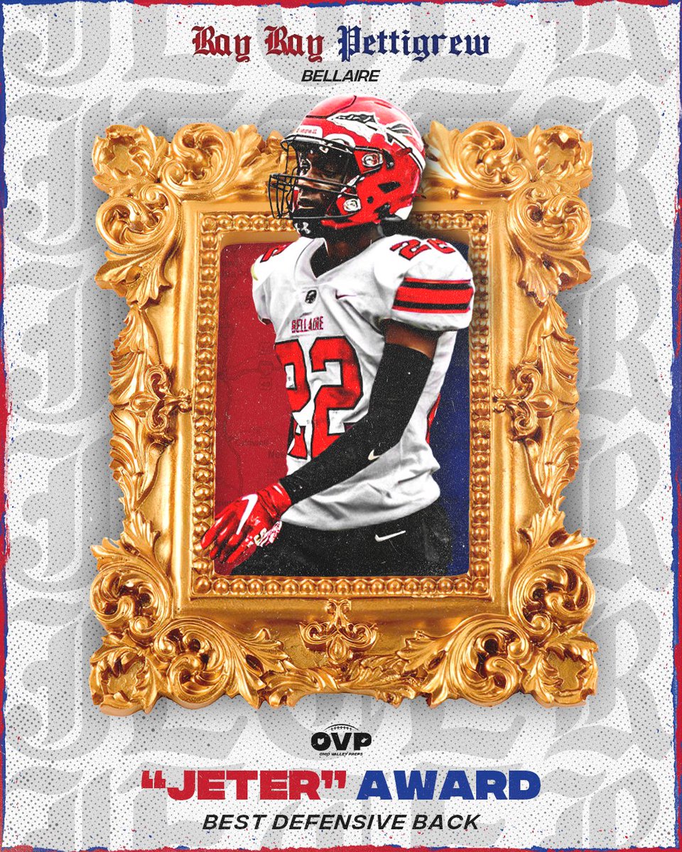 Congrats to <a href="/PettigrewRayray/">Rayray Pettigrew</a> for winning our inaugural "Jeter Award" honoring the Ohio Valley's top DB! The '23 Bellaire standout was a menace in the Big Reds secondary totaling 60 TKL's, 4 INT's, 8 PD's, 3 FF's, a pick 6 and only had 3 passes completed against him all season.