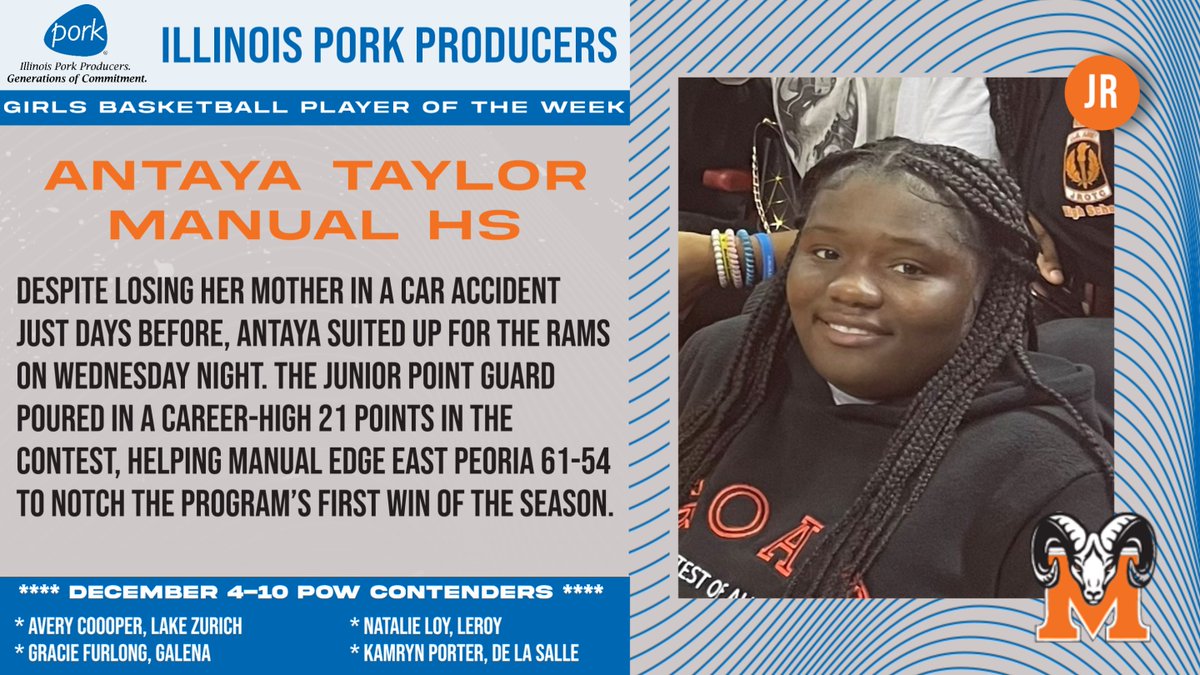 🏀 #IHSA GIRLS BASKETBALL PLAYER OF THE WEEK
🐷 Presented by the Illinois Pork Producers
📅 December 4th - 10th

🏅 ANTAYA TAYLOR
🐏 MANUAL HIGH SCHOOL

🔗All Winners⏩ihsa.org/IHSA-State/IHS…