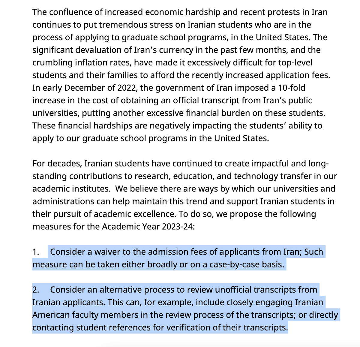 RoyaPak's tweet photo. Sign this petition to support Iranian students applying to US graduate programs. Universities should consider: 
▫️ a waiver to the admission fees of applicants from Iran.
▫️ an alternative process to review unofficial transcripts from Iranian applicants.
https://t.co/qECHj26qu0 https://t.co/k9quWYZb7Y
