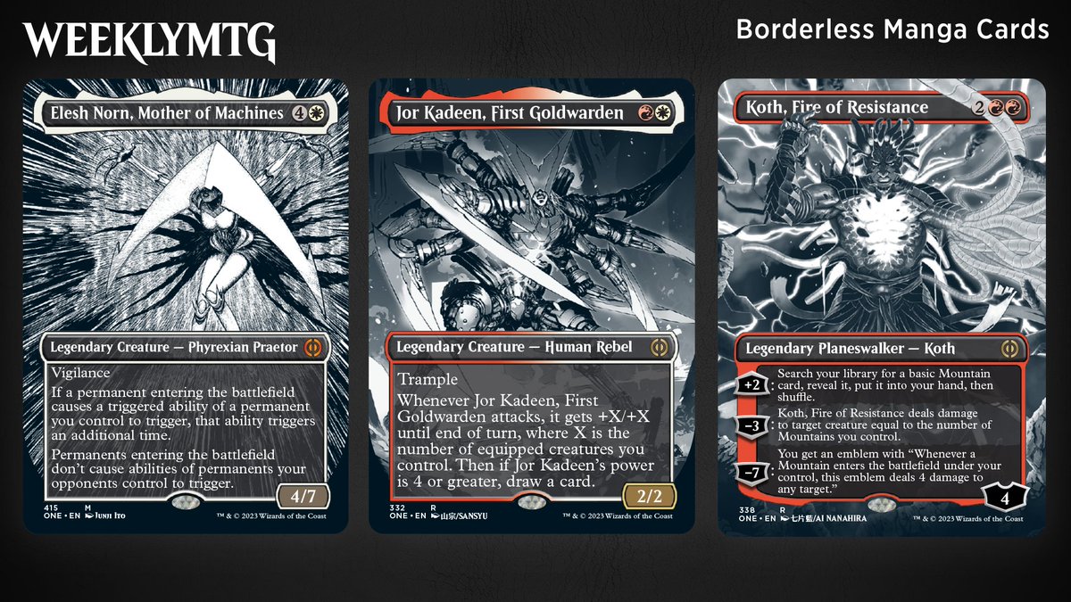 We are including Borderless Manga Cards with special black and white art in  #MTGPhyrexia! Check out some Phyrexians and compleated versions of  Planeswalkers and Mirran heroes.