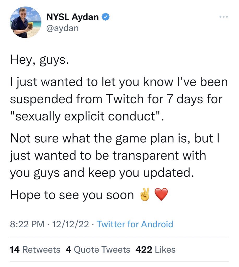 JakeSucky's tweet photo. Aydan has confirmed his Twitch ban was for humping his chair and moaning, resulting in a 7 day ban https://t.co/wGAcLbWltU