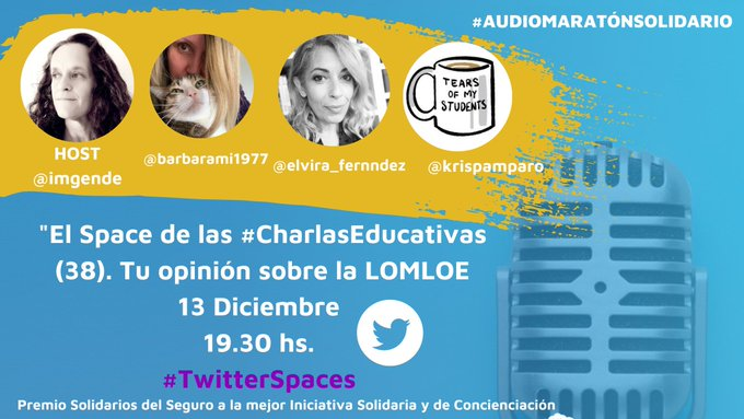 etornosinza's tweet photo. Ahora en directo especial LOMLOE de #CharlasEducativas 

📻 @imgende con @barbarami1977, @elvira_fernndez y @krispamparo

💙#Claustrovirtual en el #AudiomaratónSolidario en beneficio de @MenudosMenudos @Felupus @SolidariosSF @ctnnb1_espana y @Fswh4pmenos

https://t.co/p0htc1OONg https://t.co/QlvZIvVSde