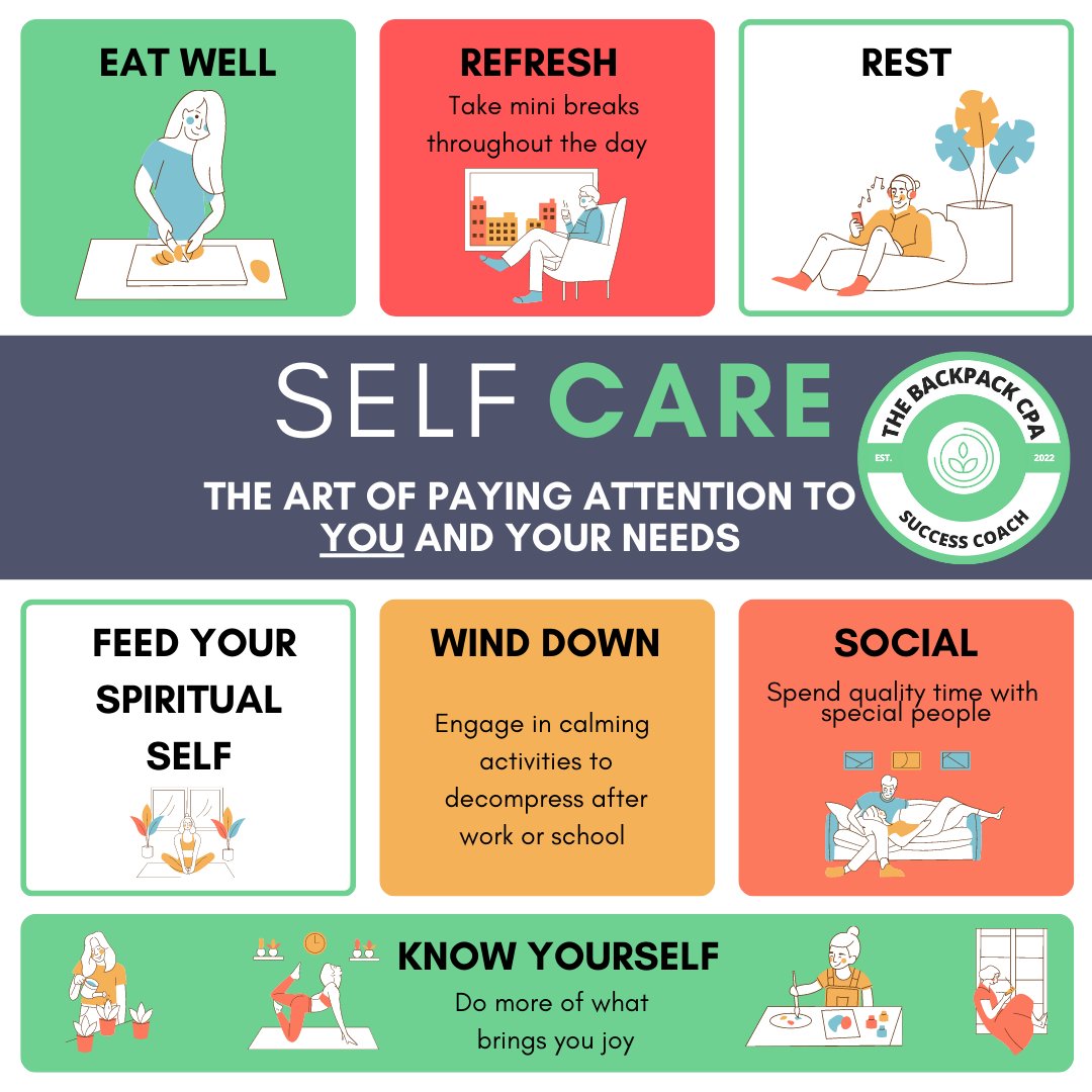 vimalcpa's tweet photo. The Art of Paying Attention to YOU & YOUR needs:
✳ Eat well
✳ Refresh
✳ Rest
✳ Feed your spiritual self
✳ Wind down
✳ Social
✳ Know yourself
#tweet100 #thebackpackcpa https://t.co/Rpz2BWiLki