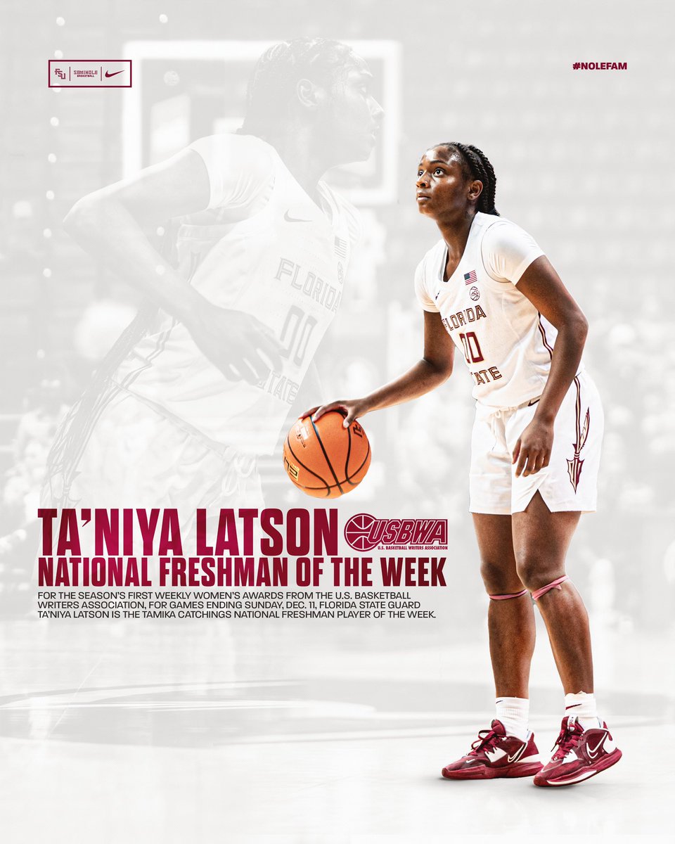 fsuwbb's tweet photo. π¨ππ
π¨ππππππ πΆππ π€
Ta'Niya Latson is the USBWA National Freshman of the Week.
π°: https://t.co/M4r0jPIrQq
#NoleFAM https://t.co/eIZDEupeua