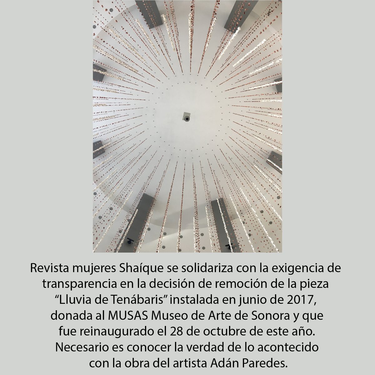 Revista_mujeres's tweet photo. 📣Entrevistas
👉Nuestra parte central son entrevistas a mujeres y hombres de la sociedad. 
@Revista_mujeres se solidariza con la exigencia de transparencia en la decisión de remoción de la pieza “Lluvia de Tenábaris” instalada en junio de 2017, donada al @MuseoMusas https://t.co/BSUGwyCBkC