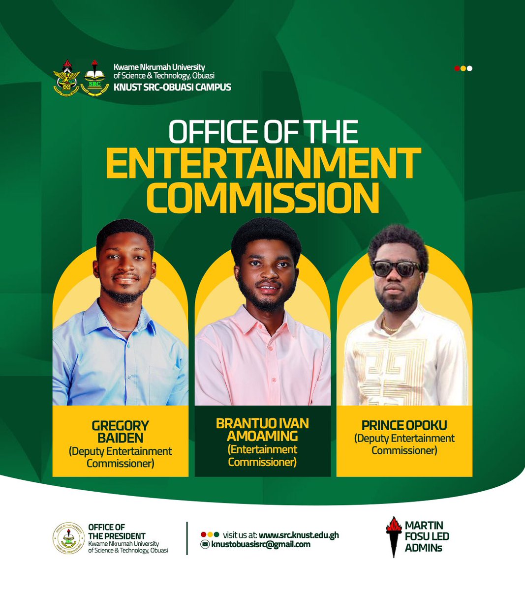 The FUN times on campus 🎉.         What joy we will have as Master Brantuo leads Entertainment for the next academic year.                            We will have Master Opoku and Master Baiden to assist him.      Congratulations to your team and serve to your best. 🥳