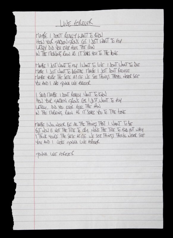 Estos versos que aparece en la foto se me quedaron grabados desde el primer día que los escuché y me acompañan en esto que es la vida desde hace 28 años. Es mi grupo, y no será su mejor canción, pero es mi canción. Hoy os hablo de “Live Forever” de Oasis, publicada en 1994🧵
