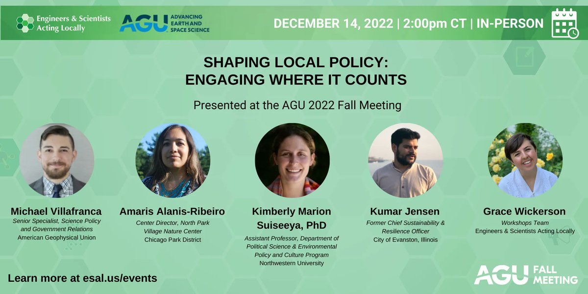 Eng&SciActLocally (@esal_us) on Twitter photo 🚨Reminder #AGU22 attendees! 🚨
Our Shaping Local Policy workshop is tomorrow, Dec 14, 2-3:30 PM CT! <a href="/grace_wickerson/">Grace Wickerson (they/them)</a>, @deMIKEracy, <a href="/KimSuiseeya/">Kim Marion Suiseeya</a>, @MrKumarj, and Amarais Alanis-Ribeiro will discuss how to #EngageLocal! #SciPol
<a href="/theAGU/">AGU (American Geophysical Union)</a> <a href="/AGUSciPolicy/">AGU Science Policy</a> bit.ly/3uxUVUk 🚨Reminder #AGU22 attendees! 🚨
Our Shaping Local Policy workshop is tomorrow, Dec 14, 2-3:30 PM CT! <a href="/grace_wickerson/">Grace Wickerson (they/them)</a>, @deMIKEracy, <a href="/KimSuiseeya/">Kim Marion Suiseeya</a>, @MrKumarj, and Amarais Alanis-Ribeiro will discuss how to #EngageLocal! #SciPol
<a href="/theAGU/">AGU (American Geophysical Union)</a> <a href="/AGUSciPolicy/">AGU Science Policy</a> bit.ly/3uxUVUk