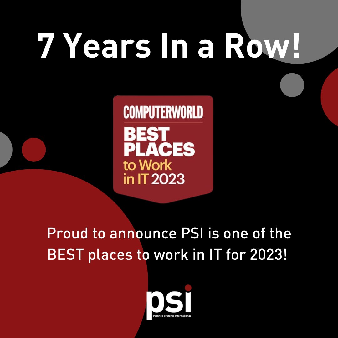 PSI is proud to announce we’ve been named one of the Best Places to Work in IT by <a href="/Computerworld/">Computerworld</a> among Computerworld’s Best Places to Work in IT for the 7th straight year! plan-sys.com/post/psi-named…

#WeArePSI
#PSIProud
#Thankyou
#Careers