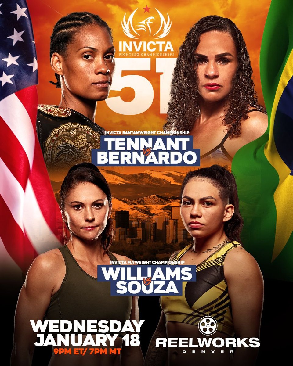 BREAKING | We're back in #Denver with two title fights! 

<a href="/Talita_MMA/">Talita Bernardo</a> on back-to-back sub wins challenges bantamweight champ <a href="/TaneishaTennant/">Taneisha Tennant</a>!

It's streak-against-streak for vacant flyweight gold with <a href="/WarhorseMMA/">Kristina Williams</a> against Ketlen Souza! 

FULL CARD: invictafc.com/2022/12/13/inv…