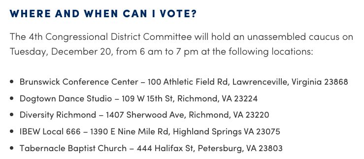 JosephPapa's tweet photo. Here is where and when to vote next Tuesday, Dec 20, if you live in VA's 4th Congressional District. DM me with any questions - happy to help. https://t.co/T9d7bL28JX https://t.co/U3Y2S8AebF