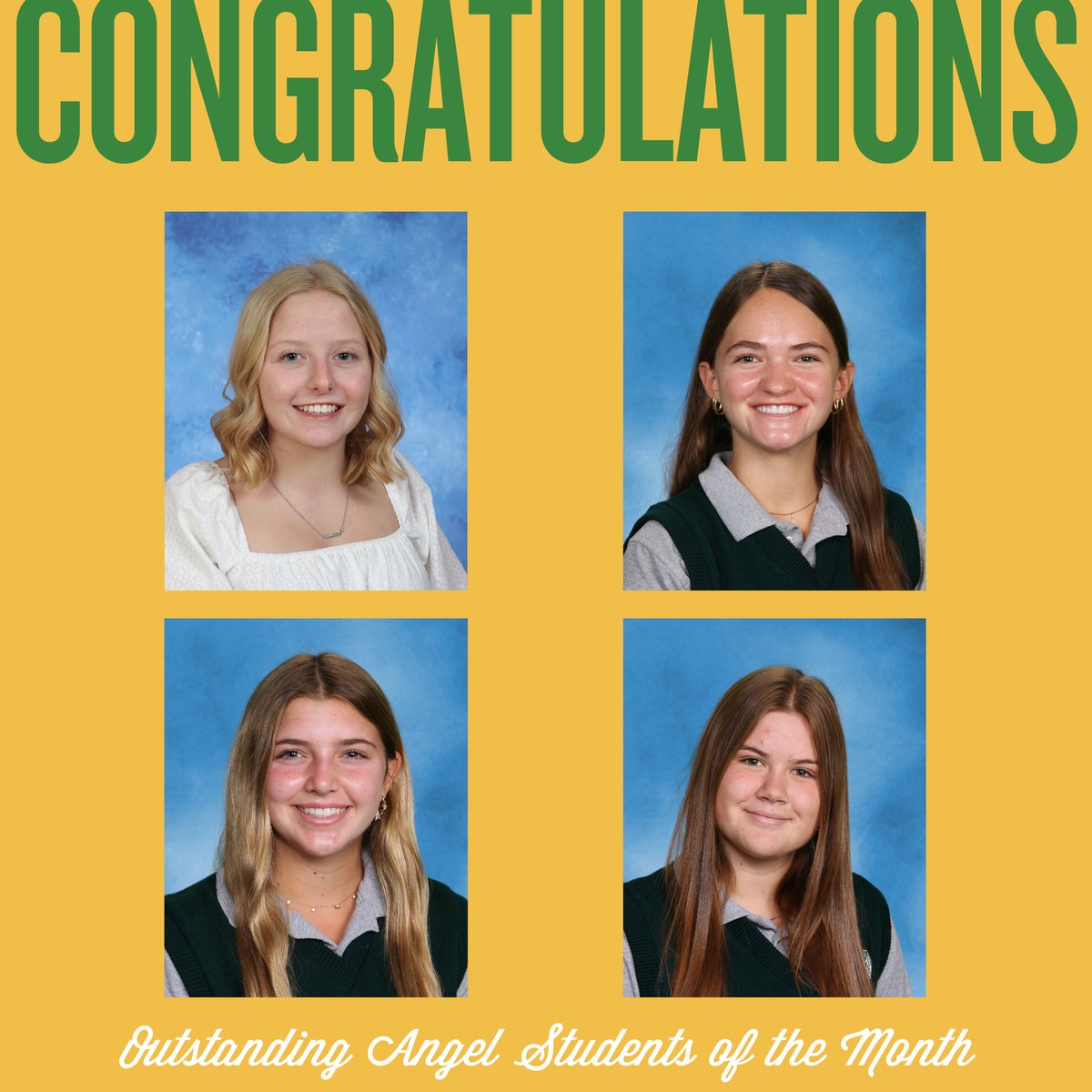 StJoeAngels's tweet photo. Yesterday during Community Time, we recognized our latest recipients of the Outstanding Angel Student of the Month Award. Congratulations to Amy K. '23, Nina K. '24, Anna S. '25, and Ella J. '26!!!
#NotIButWe #StrongValuesStrongWomen https://t.co/4FqtONXRIz