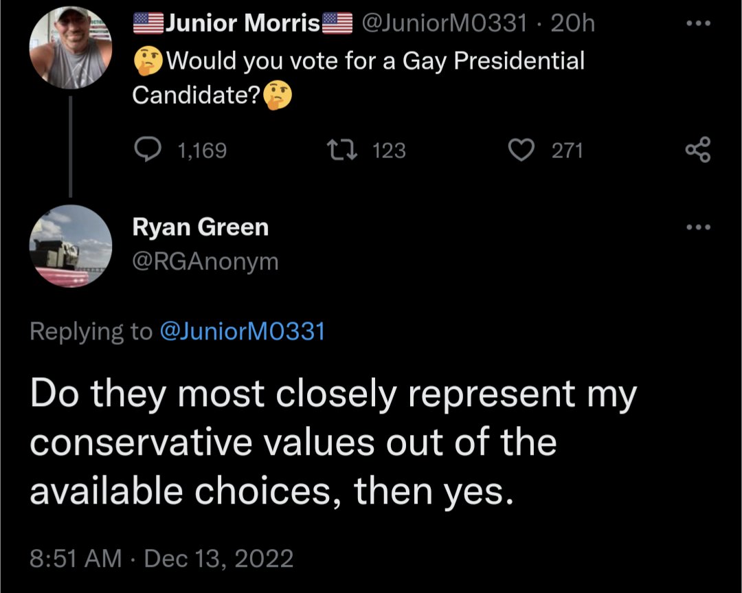 RGAnonym's tweet photo. @TwitterSupport @elonmusk 

Why am I Ghost banned for the following Tweet ? I am literally saying that the fact that a Candidate is gay DOESN'T matter as long as they most closely represent my conservative values out of all candidates. https://t.co/YToa7RH5Rx