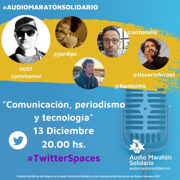 etornosinza's tweet photo. Continúa el #AudioMaratónSolidario en beneficio de @MenudosMenudos @Felupus @SolidariosSF @ctnnb1_espana @Fswh4pmenos 

Comunicación, periodismo y tecnología 
🎙️@jotalopmar con @jordipc, @antonello, @Nanisimo y @UsuarioArraez

Puedes acceder y participar
 https://t.co/pcZ0RzmrTZ https://t.co/irpv6LMiXG